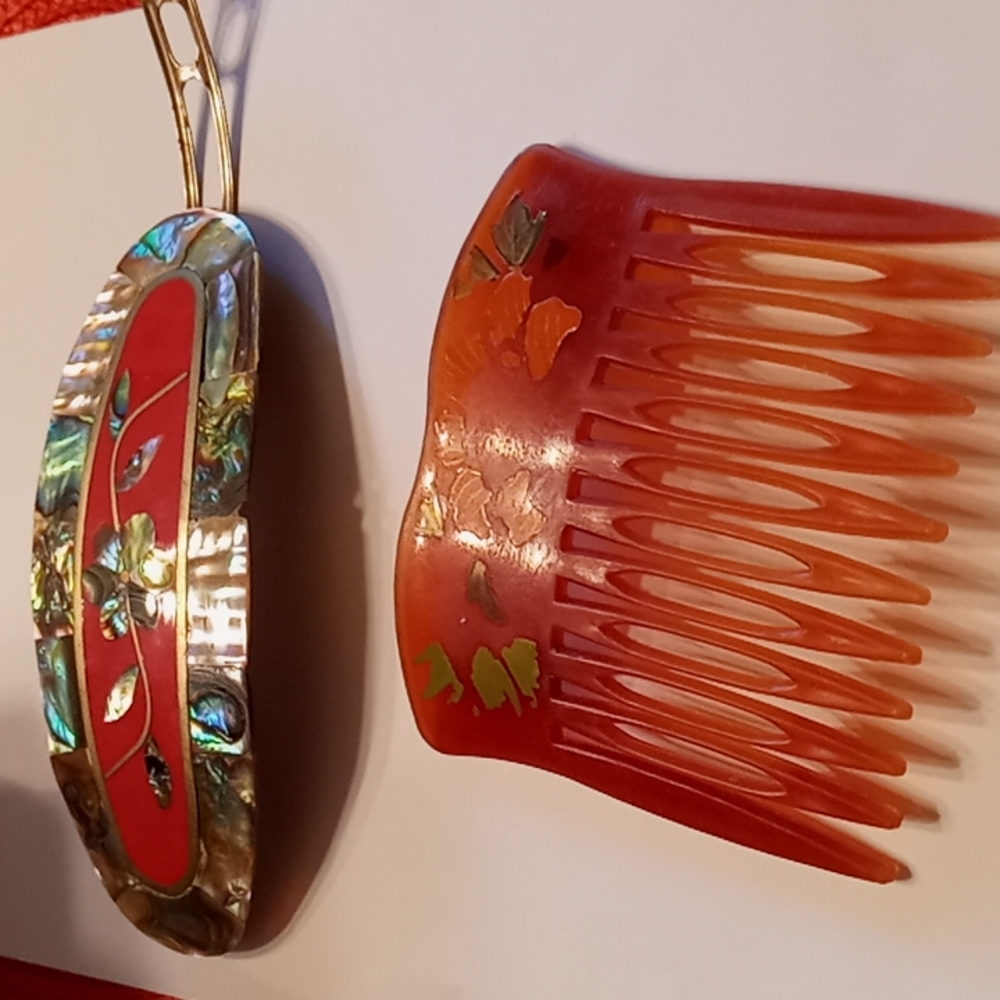 Beautiful Mexican Abalone & Coral Floral Hair Barrette & Floral Comb